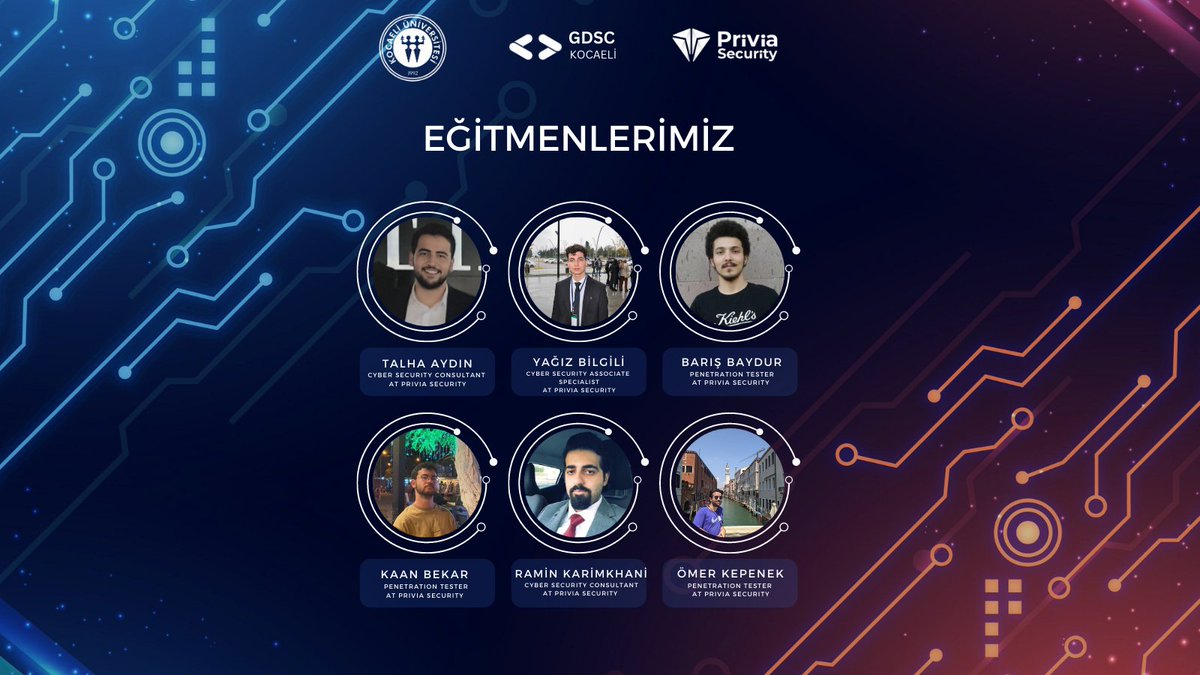 Herkese Merhaba! 13-17 Şubat'ta gerçekleşecek olan Siber Güvenlik Bootcamp'ine hazır mısınız?🎉Privia Security'den gelecek olan eğitmenlerimizle Selim Bozkurt Laboratuvarı'nda 5 gün sürecek olan bootcampimizin en heyecanlı kısmına geldik .🤗Eğitimciler ile tanışın 🚀 @Priviasec