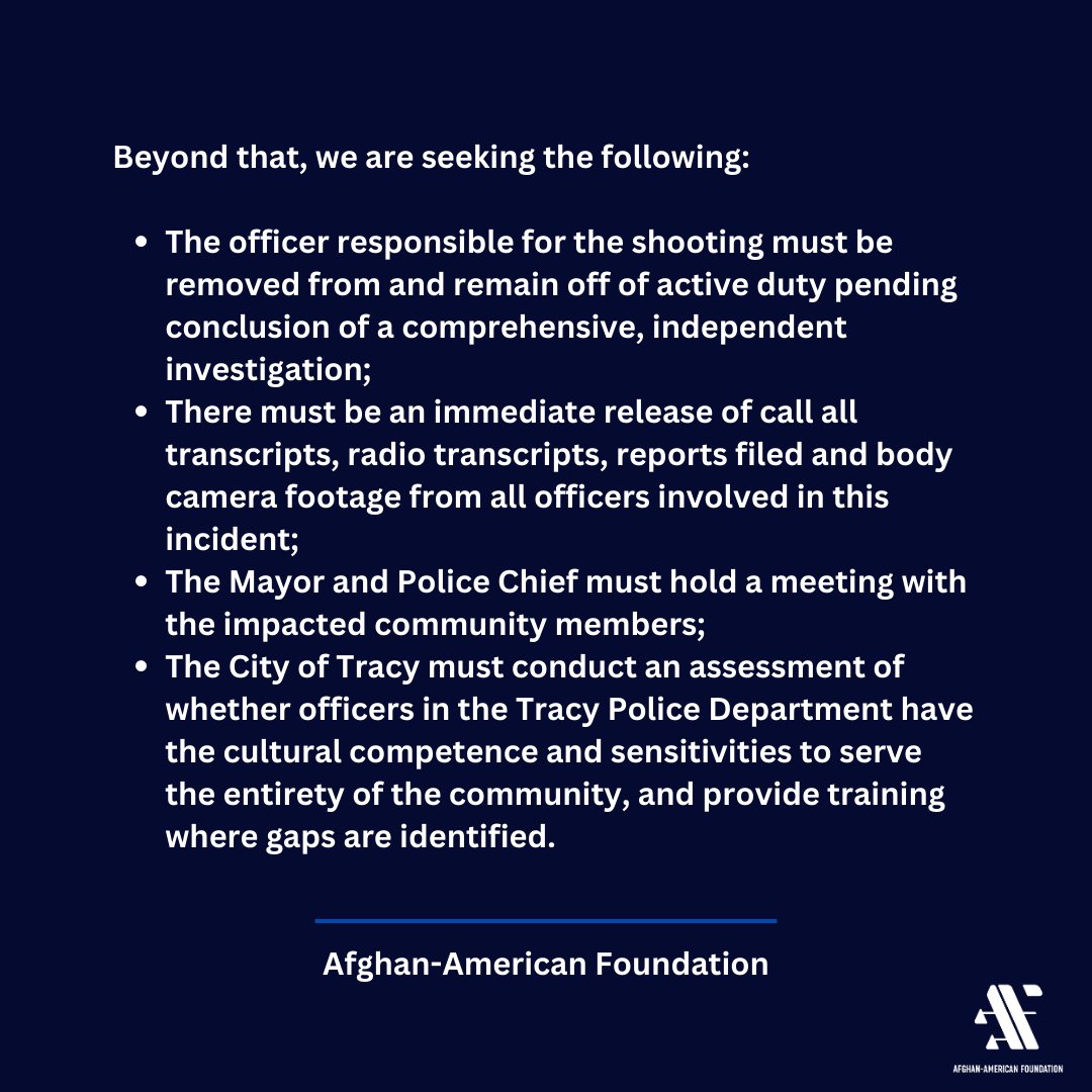Afghan_American's tweet photo. Our statement on the developing situation in Tracy, CA: Our priority is to tend to the victim & his family. That said, we will do everything in our power to ensure a transparent & independent investigation is conducted.
#Afghan #community #TracyPolice #investigate https://t.co/0oHwEzvav5