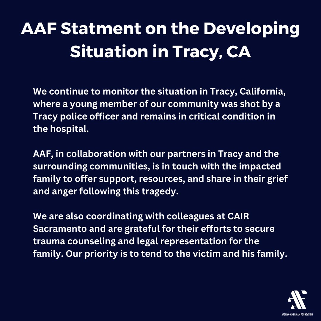 Afghan_American's tweet photo. Our statement on the developing situation in Tracy, CA: Our priority is to tend to the victim & his family. That said, we will do everything in our power to ensure a transparent & independent investigation is conducted.
#Afghan #community #TracyPolice #investigate https://t.co/0oHwEzvav5
