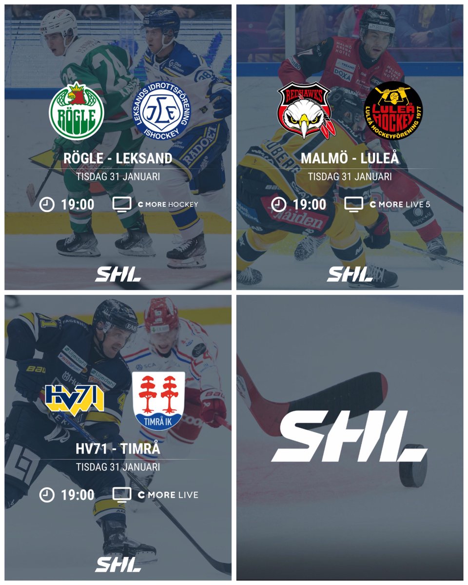 SHLse's tweet photo. Morgondagens matcher🔥🏒
#SHL #twittpuck #ishockey #LHCFBK #BIFSKE #IKOFHC #VLHÖRE #RBKLIF #MIFLHF #HV71TIK https://t.co/XfjscSdLmn