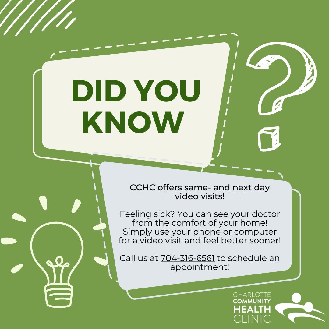 Video visits are a safe and fast way to see your doctor and feel better sooner!

Call us at 704-316-6561 to make an appointment!