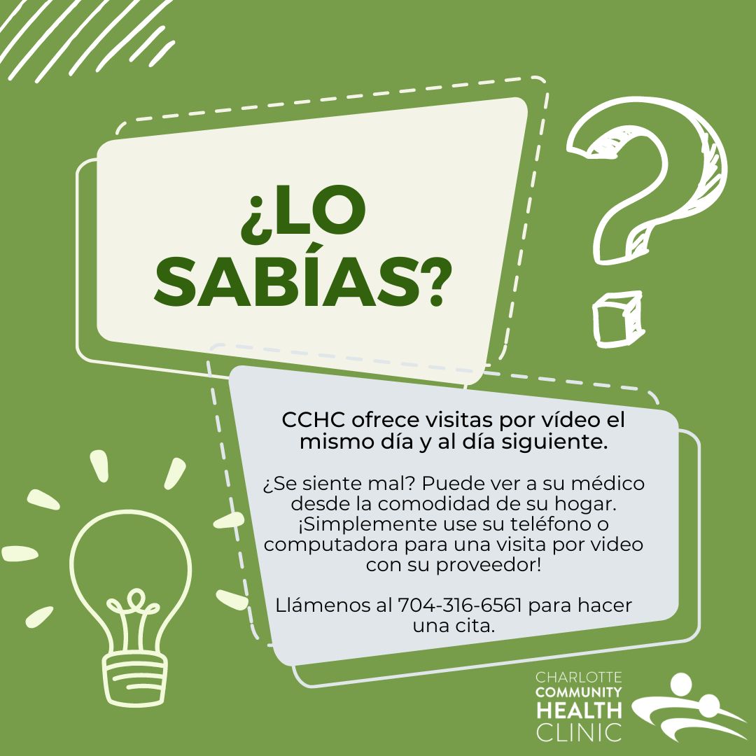 ¡Las visitas por vídeo son una forma segura y rápida de ver a su médico y sentirse mejor antes!

¡Llámenos al 704-316-6561 para concertar una cita!