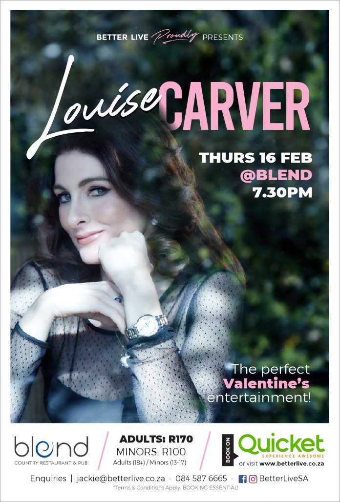 louisecarver's tweet photo. Hello Knysna! Excited to perform at Blend Country Restaurant 16th Feb. I’ll be performing all my best known hits plus some of the new songs off my latest album,‘ Dark Secrets.’Tickets: https://t.co/RP1QAdBrlO
#knysna #gardenroute #livemusic #february #thursdayvibes #timetogetout https://t.co/JjCk4jtDjA