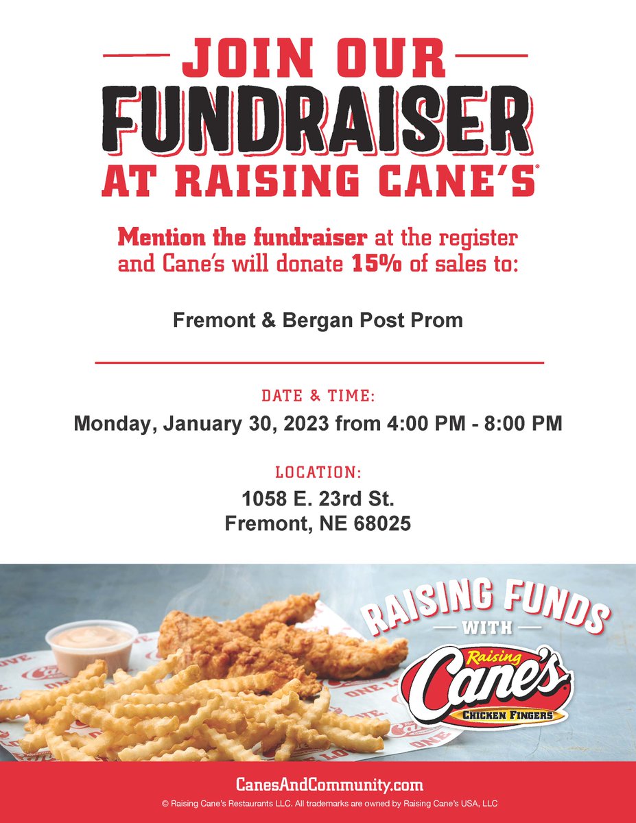 FHSBHSPostProm's tweet photo. Tonight is Cane's night for Fremont & Bergan Post Prom! Take the night off & get your chicken at Cane's. Don't forget to mention Post Prom as you order. #takethenightoff #nocookMonday #toocoldtocook https://t.co/WNClXgMABk