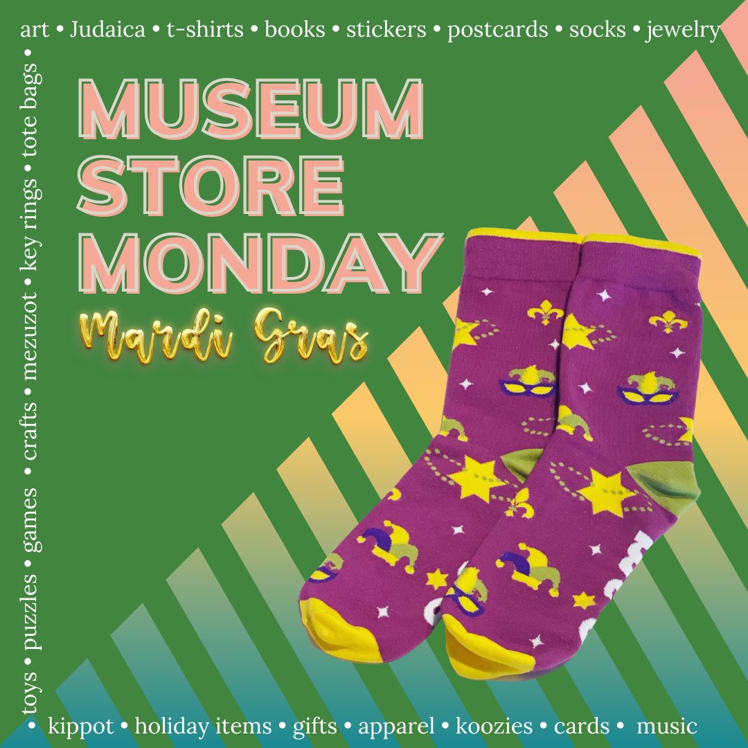 MSJE_NOLA's tweet photo. #MuseumStoreMonday is back! Our #MardiGras range is now in store and we'll be highlighting our uniquely Jewish, uniquely New Orleanian products all month as we lead up to Mardi Gras day. Today check out our festive MSJE Mardi Gras socks. Snag a pair here: https://t.co/S8wFVj48qw https://t.co/UH3cqHXUL7