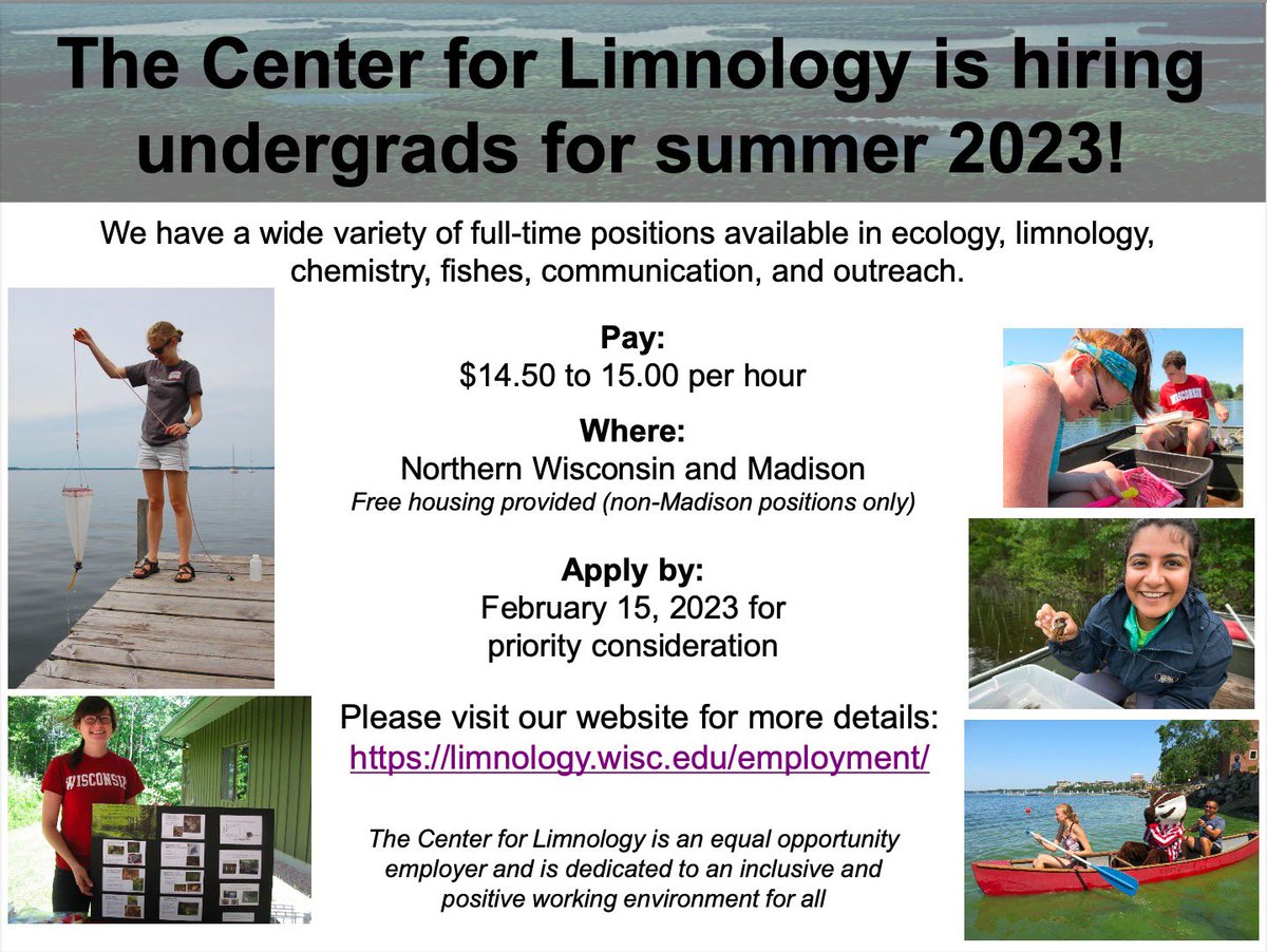 UW-Madison’s CFL is hiring undergrads for summer 2023! Some of the positions are at Trout Lake Station where housing is free! Apply by Feb 15th for priority consideration! 

limnology.wisc.edu/employment/

#NativesInSTEM #SummerResearch