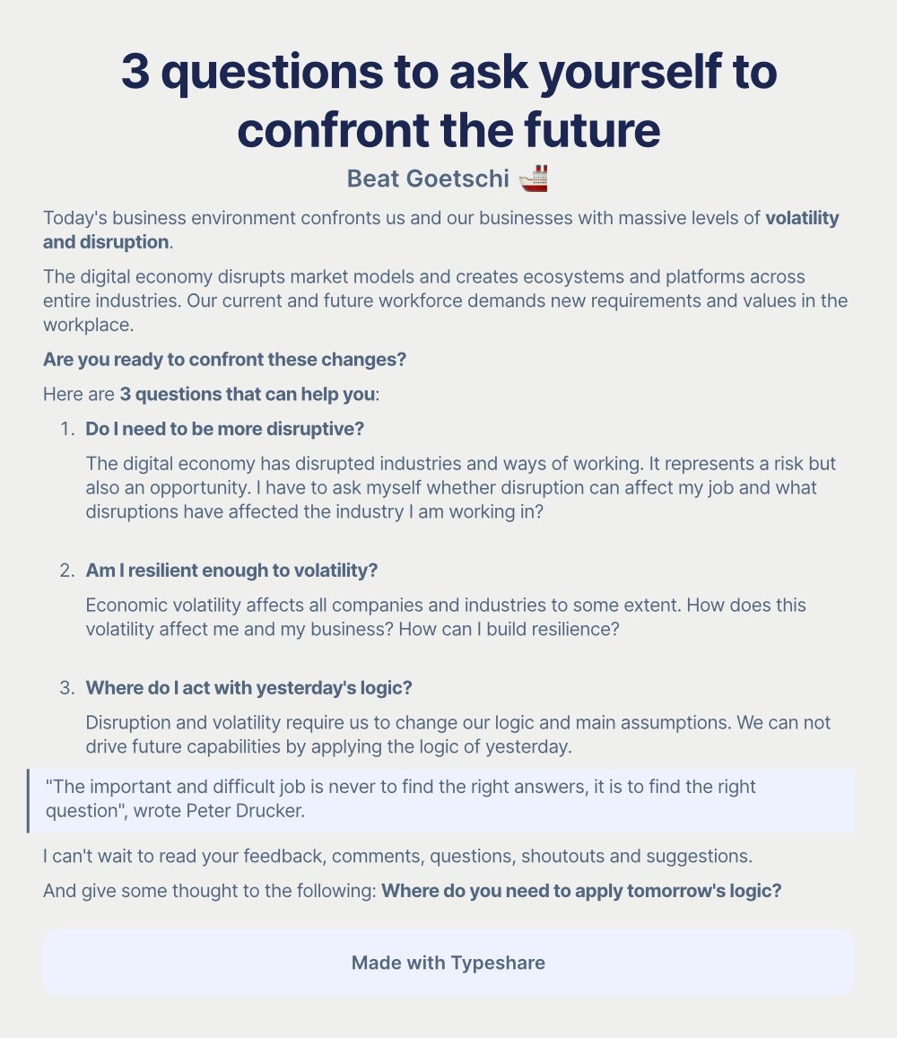 beatgoetschi's tweet photo. 3 questions to ask yourself to confront the future about disruption, resilience and acting with yesterday's logic

#leadership
#digitaltransformation https://t.co/fpEgYn8rlc