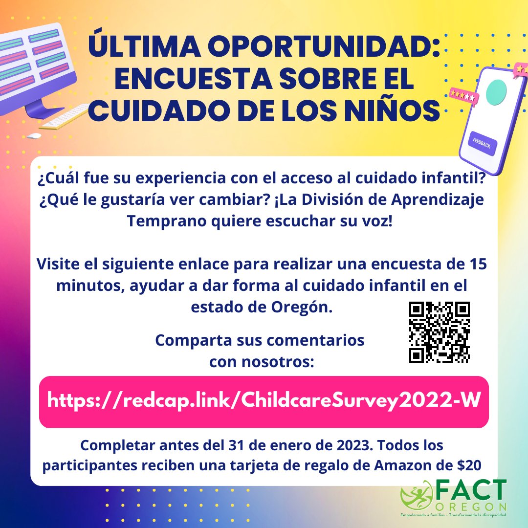 FACTOregon's tweet image. ¿Cuál fue su experiencia con el acceso al cuidado infantil? ¿Qué le gustaría ver cambiar? ¡La División de Aprendizaje Temprano quiere escuchar su voz!

 Todos los participantes reciben una tarjeta de regalo de Amazon de $20

redcap.link/ChildcareSurve…