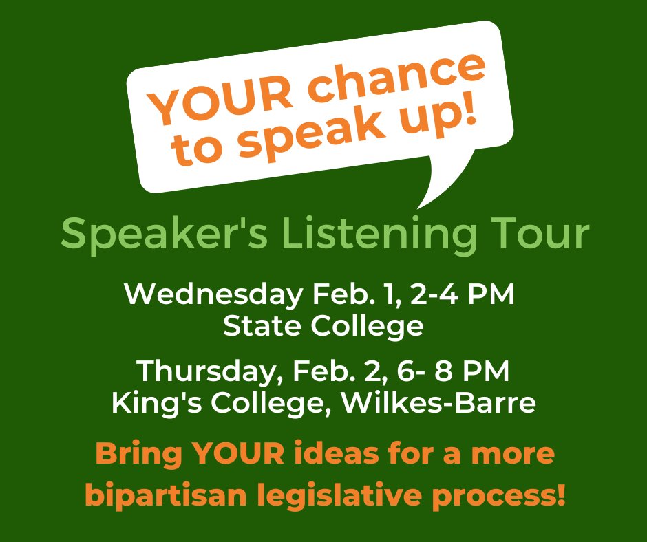 FIxHarrisburg's tweet photo. Speaker @RepRozzi Listening Tour: 
🗓️ Feb 1, 2-4 pm, Eric J. Barron Innovation Hub, 123 S. Burrowes St., State College. Sign-up when there.
🗓️ Feb 2, 6 -8 pm,  Snyder Room, 3rd Floor, Sheehy-Farmer Campus Center, Kings College, 116 N. Main St. Wilkes-Barre
https://t.co/VgMxN7DDZl https://t.co/jGnXE49t8n