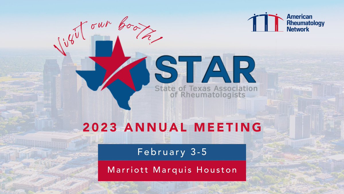 AmericanRheum's tweet photo. We are excited to exhibit at the #STAR2023 Annual Meeting in #Houston, TX, this week!

If you or someone at your practice is attending, stop by our booth and chat with Cass Olear to learn how ARN can empower your practice and #patientcare with our solutions.

#rheumatology #GPO https://t.co/paqAcgkcP2