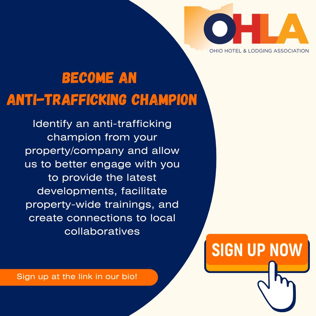 Help put an end to human trafficking by becoming an anti-trafficking champion today! Use the link in our bio to register yourself or someone from within your property/company.

#ohiolodging #NoRoomforTrafficking