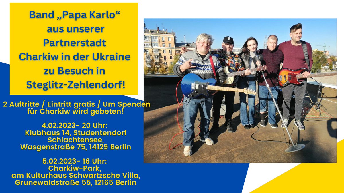 Papa Karlo / Band aus unserer Partnerstadt #Charkiw zu Besuch in #Steglitz-#Zehlendorf! 2 Auftritte / Eintritt gratis / Um Spenden für Charkiw wird gebeten! youtube.com/watch?v=yUuo1N…
youtube.com/watch?v=fqJkkL… <a href="/Makeiev/">Oleksii MAKEIEV 🇺🇦</a> @DarynaAriamnova <a href="/IrynaVoichuk/">Iryna Voichuk</a> <a href="/odubovenko/">Oksana Dubovenko</a> <a href="/TspSuedwest/">Tagesspiegel Südwest</a> <a href="/TspBerlin/">Tagesspiegel Berlin</a>