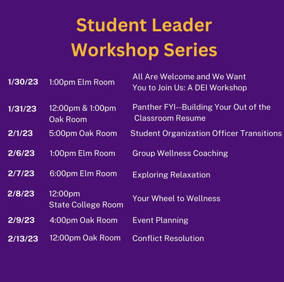 We are so excited to present at the <a href="/InvolvementUNI/">Student Involvement UNI</a> Student Leader Workshop Series starting this week! 🎉

➡️ Swipe to see our presentation topics and a full schedule of the Workshop Series! 🤩

#1UNI #BeWell #BeConnected