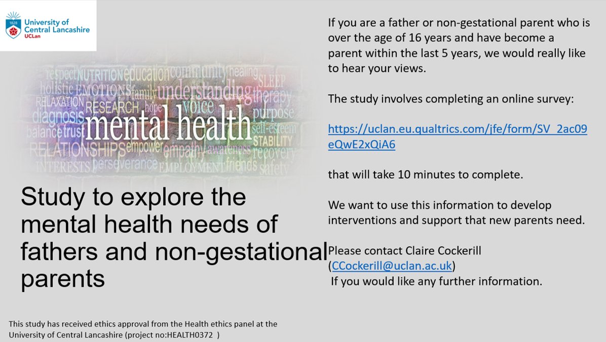 If you are 
✅a father or non-gestational parent👨‍🍼👩‍👦
✅Aged 16+ years 
✅and have become a parent within the last 5 years

please consider completing this online survey:
 uclan.eu.qualtrics.com/jfe/form/SV_2a…