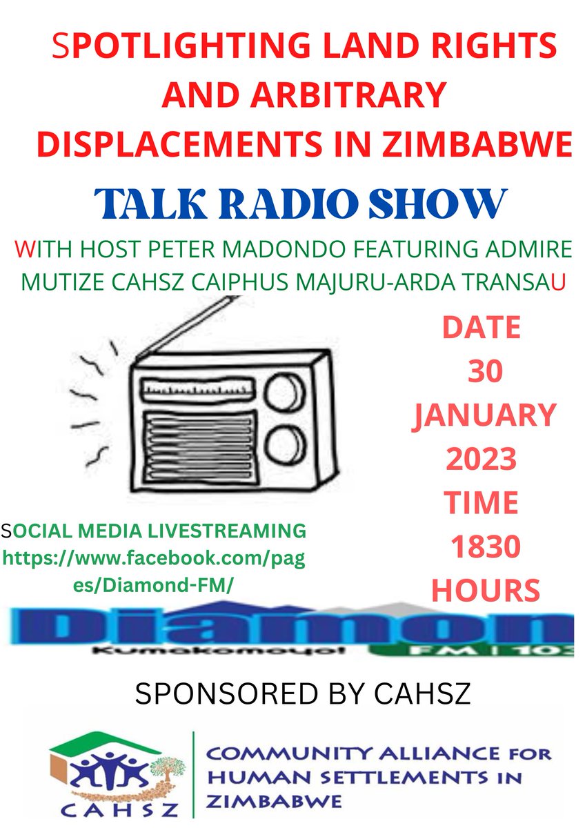 Join @cahs_Zim and the working group on land and housing rights as we spotlight the rising trend of displacements and threats of displacement affecting communities around Zimbabwe and purpose policy alternatives @DiamondFMZim