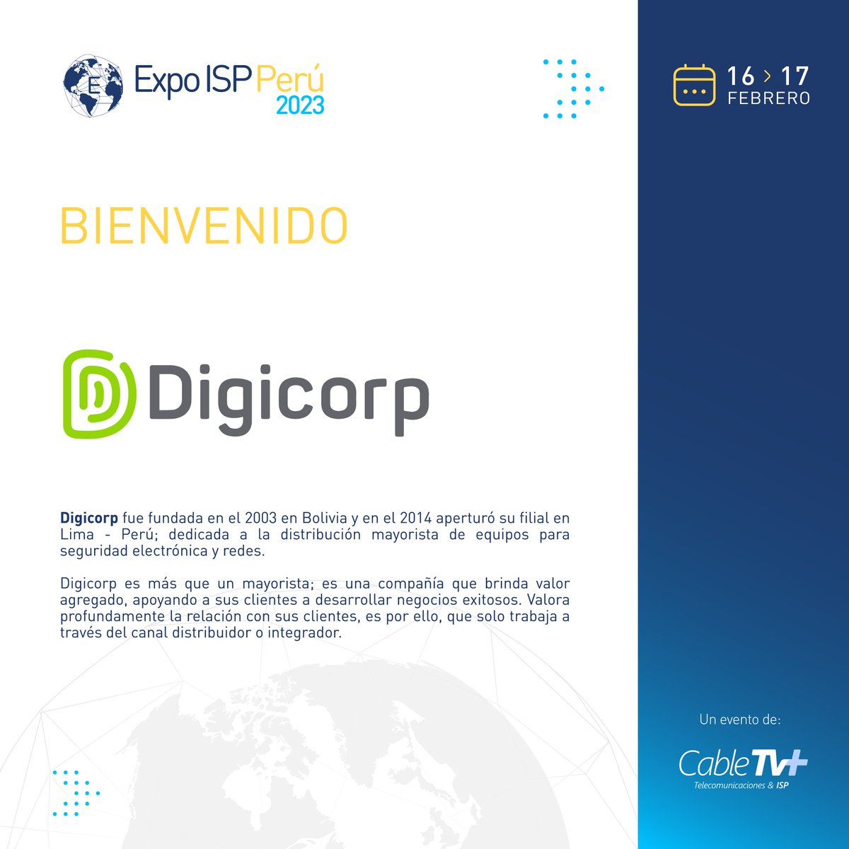 ExpoISPPeru's tweet image. 🤝¡Bienvenidos @DigicorpLtda a #ExpoISP #Perú 🇵🇪!

✅ #Digicorp es una compañía mayorista que brinda valor agregado, apoyando a sus clientes a desarrollar negocios exitosos. Valoran profundamente la relación con sus clientes, por lo que, trabajan a través del canal distribuidor.