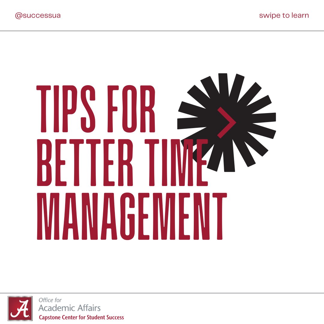 SuccessUA's tweet photo. Start good time management early this semester! Here’s some tips from Peer Coaches ⏰ Book an appointment with a coach for more suggestions! #RollTide #UniversityofAlabama #SuccessStory https://t.co/KbgZynMJhS