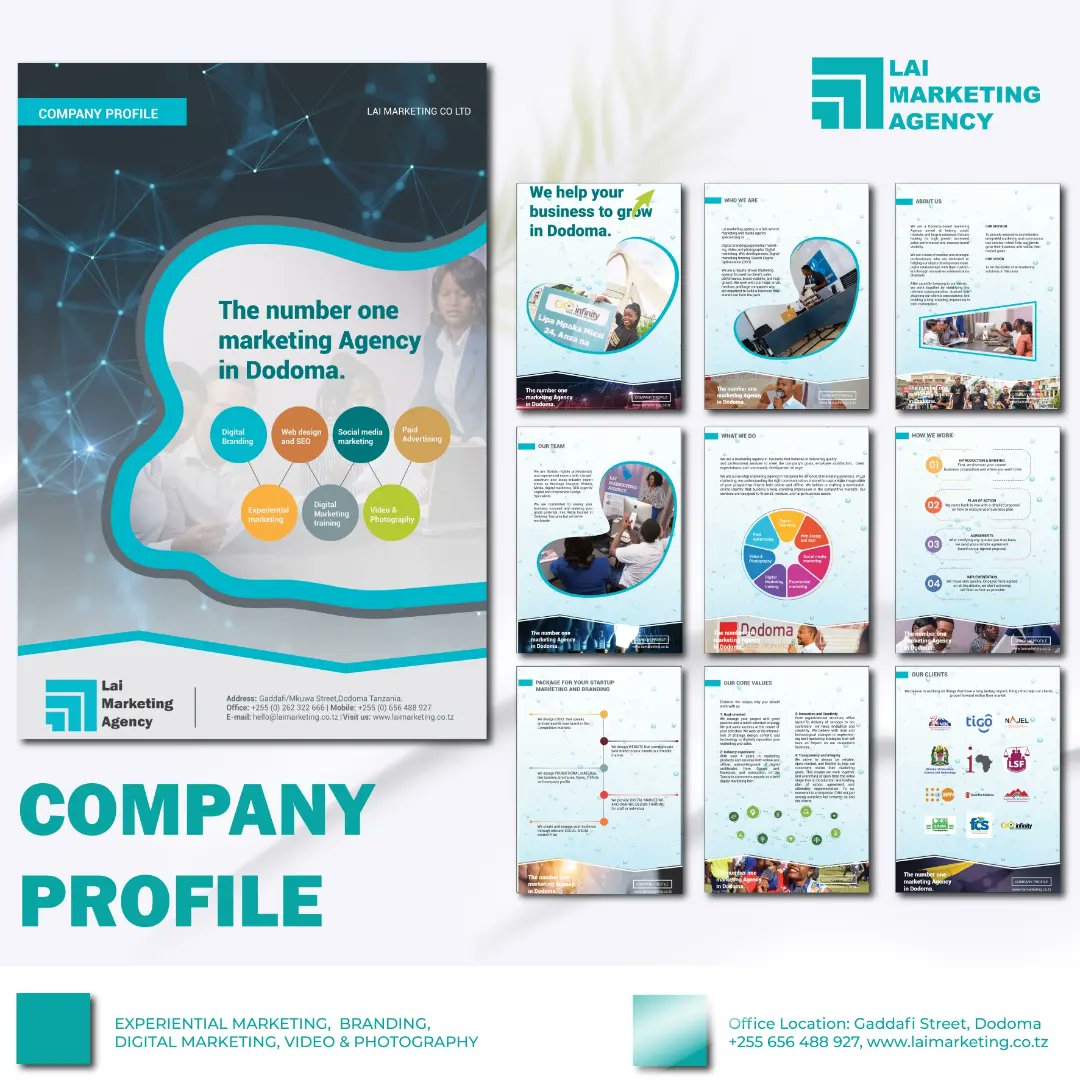 Karibu @lai_agency tushirikiane pamoja namna bora ya kutengeneza Company Profile yenye ushawishi wa kuifanya biashara au huduma kuongeza muonekano na mauzo .

Tunapatikana Dodoma Tanzania. Unaweza ukatutumia ujumbe mfupi upande wa DM au ukatupigia +255656488927.

#LaiMarketing