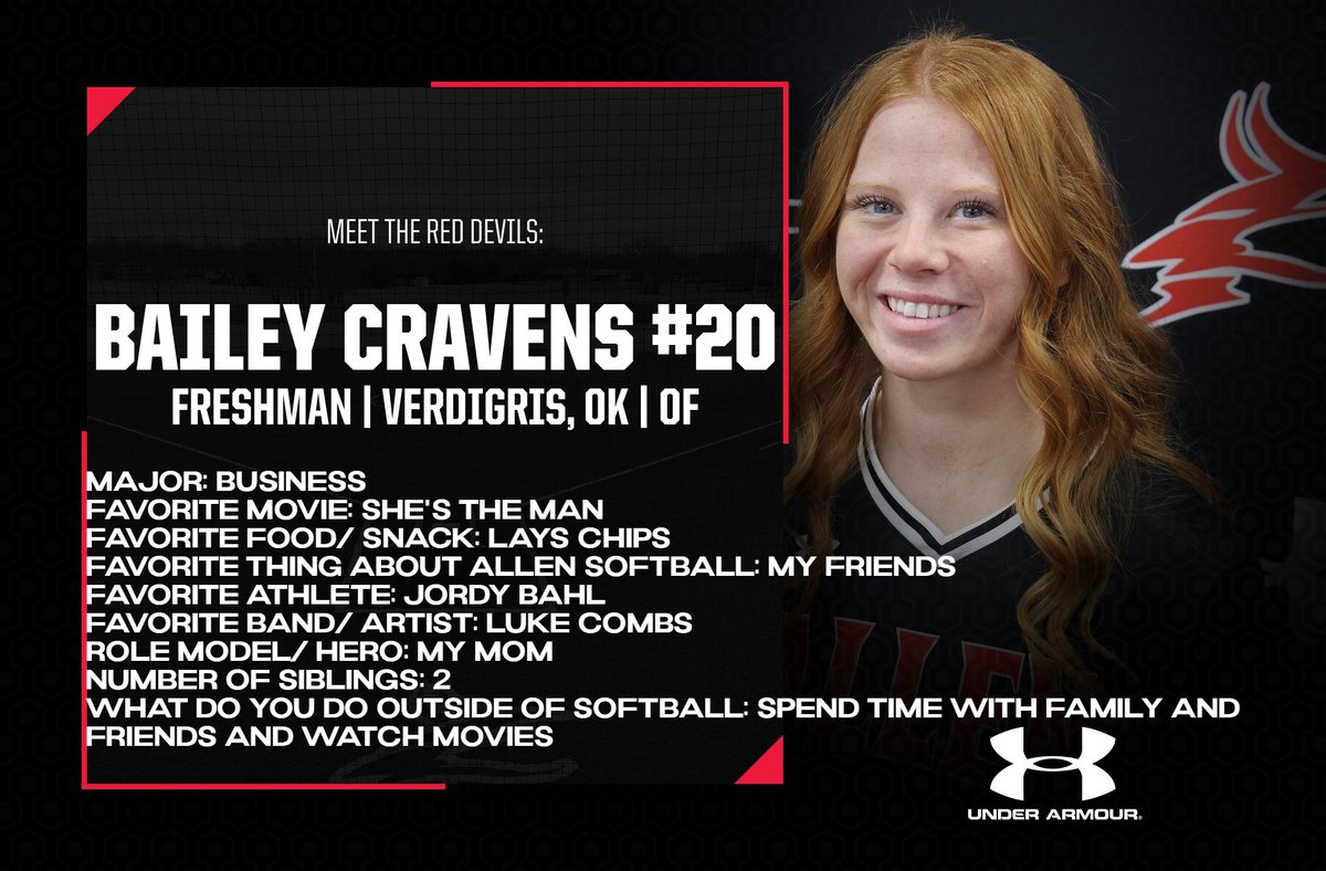 RedDevilSB's tweet photo. 🥎15 DAYS TIL OPENING DAY🥎

Today we meet Freshman Bailey Cravens from Verdigris, OK! #AllenPride #RollDevs @baileycravens1 https://t.co/rhlYClzAey