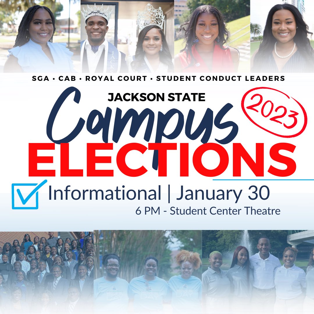 JSUSGA's tweet image. TODAY!🎊 Ready to be a campus leader? Join us this evening at 6 PM for the Campus Election Informational. Please remember that you are required to attend to qualify for an elected office. #JSU