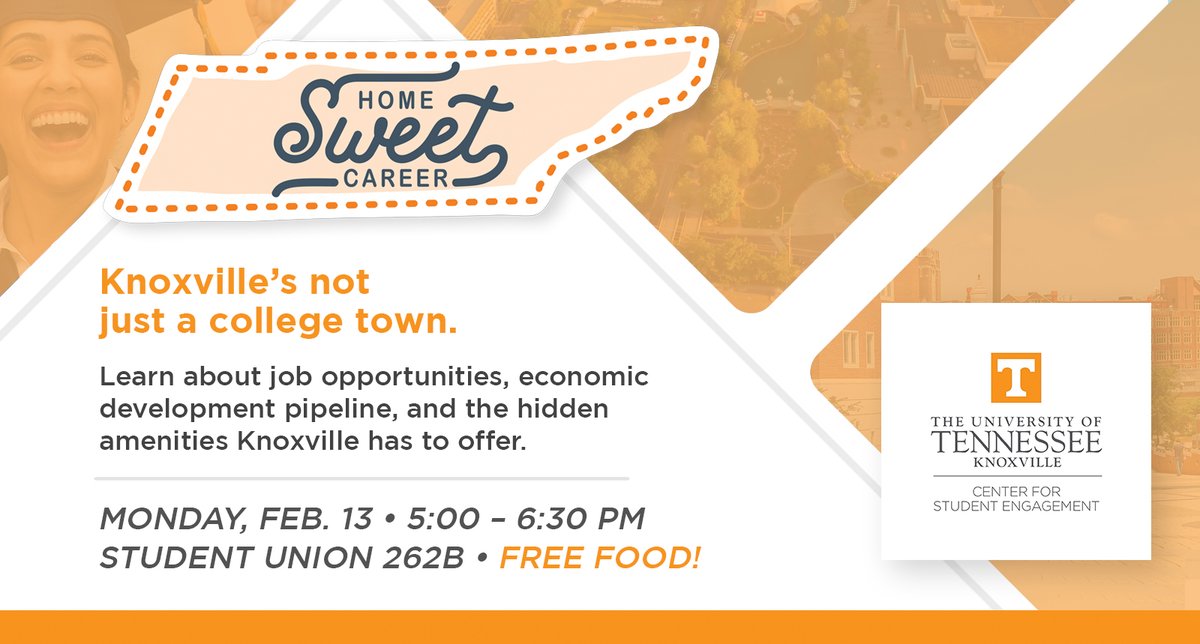 Calling all <a href="/UTKnoxville/">UT Knoxville</a> students! Join us as we partner with <a href="/utkcse/">Center for Student Engagement</a> for Home Sweet Career on February 13. Knoxville's not just a college town. Grab some free food and learn more about job opportunities and hidden amenities. Register: bit.ly/3wGE6aY