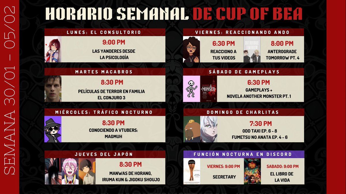cup_of_bea's tweet photo. 🗓️Horario Semanal
• LUN: #Yandere desde la psicología
• MAR: El Conjuro 3
• MIE: Entrevista a @MagmuhVT
• JUE: Animes & manwhas de #Horang
• VIE: Lectura de #AnterogradeTomorrow
• SAB: Lectura de #AnotherMonster
• DOM: #OddTaxi y #FumetsunoAnataE
¡Nos vemos! https://t.co/G4HkYca8L5