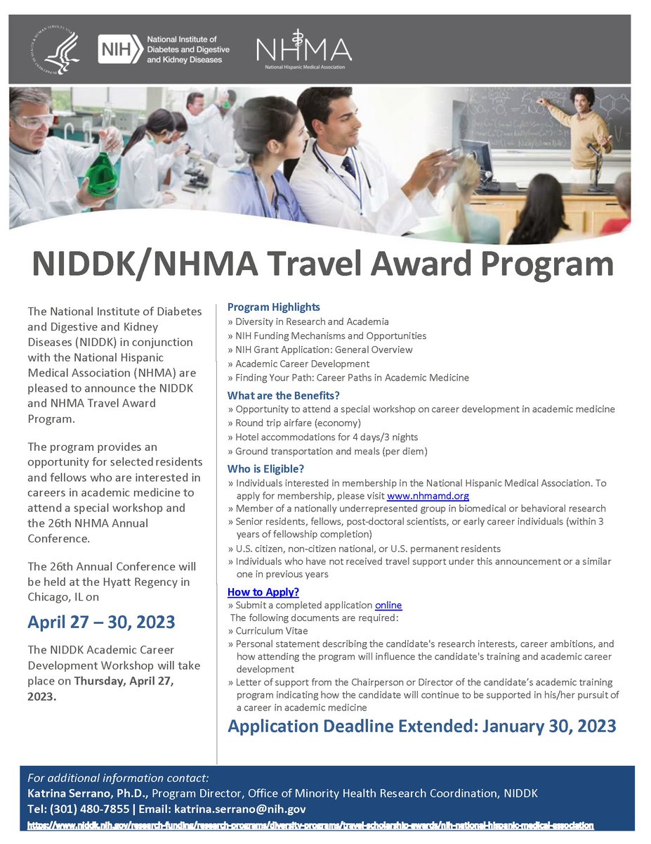 #DiversityInMedicine starts with you! Apply for the NIH/NHMA Academic Career Fellow Travel Awards by Jan. 30! Recipients will attend a special one-day workshop on career development in academic medicine at our 26th Annual Conference in Chicago. Apply at bit.ly/NHMANIDDK2023.