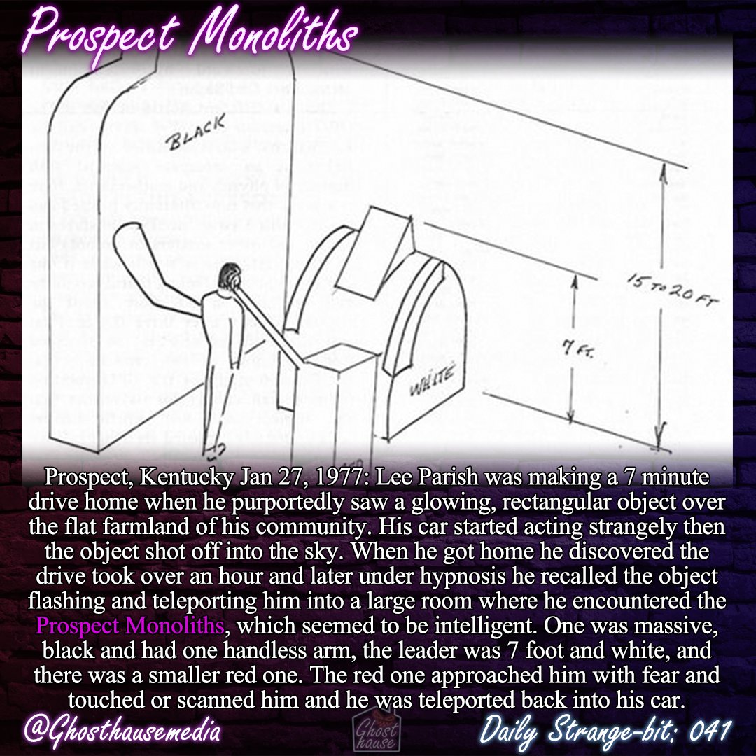 ghosthausemedia's tweet photo. Daily Strange-Bit: 041
The Prospect Monoliths
Type: Ufology/ Abductions

Perhaps one of the strangest abduction stories. The Monoliths were described as if they were living statues.

#ufosighting #Alien #alienabduction https://t.co/tJm1vxZ081