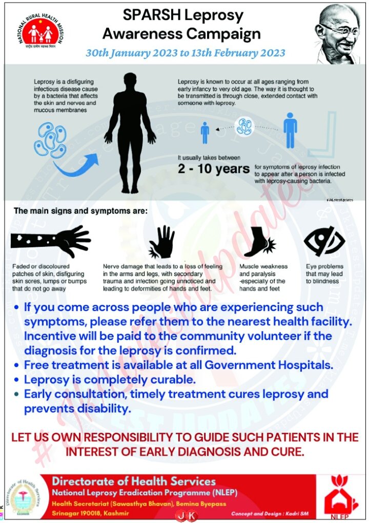JkLatestUpdates's tweet photo. >> @NHMJK5 : SPARSH Leprosy Awareness Campaign. #JkLatestUpdates
#NHM #leprosy #awarness #NHMJK @principalgmcsgr @DoctorsKashmir @HealthMedicalE1 @Drsheikhamina @drmirmushtak @ShaheenShora @dar_owais @rjnasirkashmir @mehakzubair1 @RJSameenKhan @jkscientists @tariqtramboo @diprjk https://t.co/TJR8LWQhxP