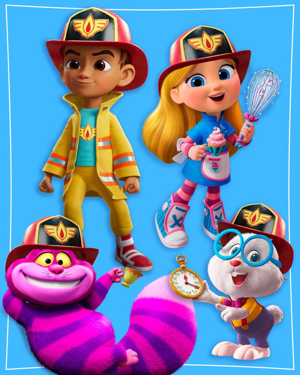 DisneyJr's tweet image. Alice's Wonderland... Firebuds?! 🚒 Which #AlicesWonderlandBakery characters do you think suit the #Firebuds look? #WatchOnDisneyJunior