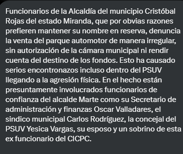 CHARALLAVECUA's tweet photo. #Denuncia que nos llega por mensaje privado:

Allegados del alcalde @HumbertoMarte_ @AlcaldiaMCR están vendiendo de manera irregular un lote de vehículos y maquinaria, propiedad del Municipio #CristóbalRojas #Charallave.

Todo sin autorización del @concejomcr ni rinden cuentas. https://t.co/ZU4FWBn1qJ