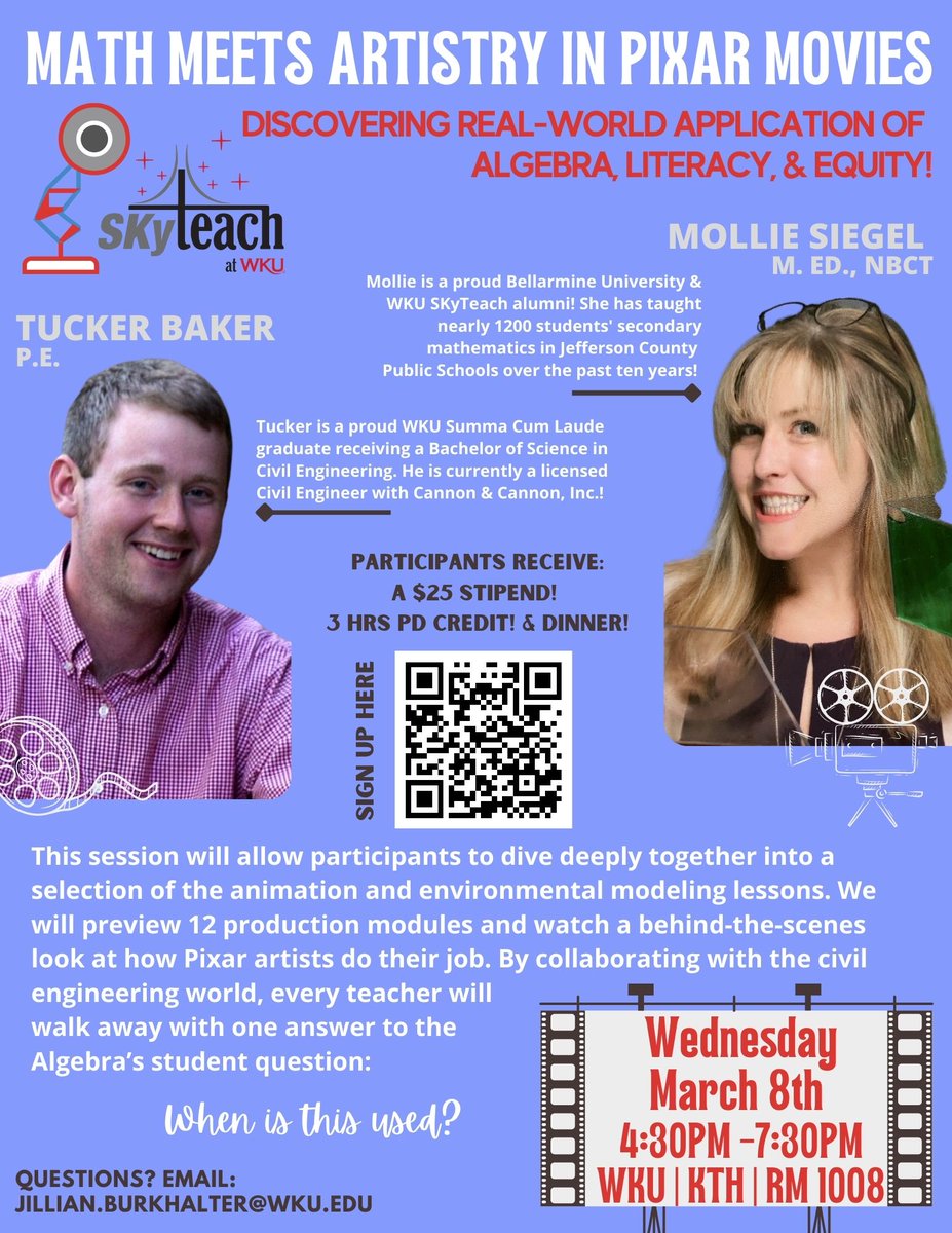 Mark Your Calendars! March 8th <a href="/MsMollieSiegel/">Mollie Siegel, NBCT</a> will lead a 'Math Meets Artistry In Pixar Movies' Math PD along with our industry professional, Mr. Tucker Baker! Participants will receive a $25 stipend, PD credit, and dinner. <a href="/WeAreMaleHigh/">Louisville Male High School</a> <a href="/Docmarmar/">Martha Day</a>  <a href="/wkuogden/">WKU Ogden College</a> <a href="/WKUCEBS/">WKU CEBS</a> <a href="/wku/">Western Kentucky University</a>