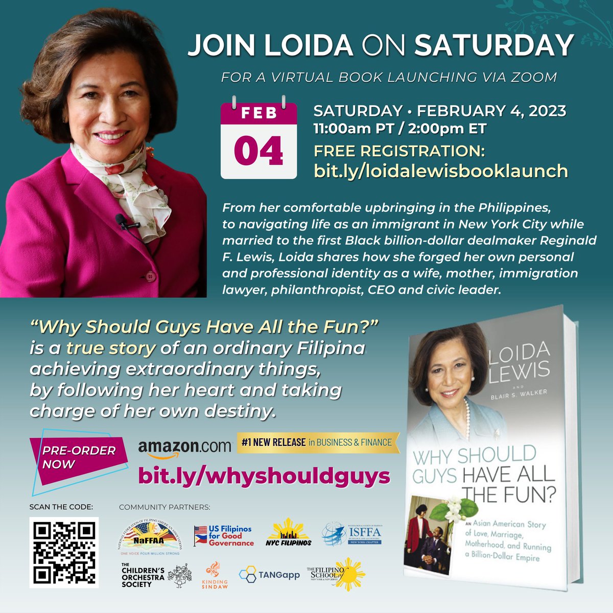 LoidaNLewis's tweet photo. Please join me this Saturday - I want to thank you, my friends in the Filipino, Asian, and African American communities for making my journey, and the challenges along the way — full of beauty and meaning. REGISTER FREE: https://t.co/pcmOslEljh
#WomenCEO #Philippines #KeepGoing https://t.co/bMDzIKmdbB