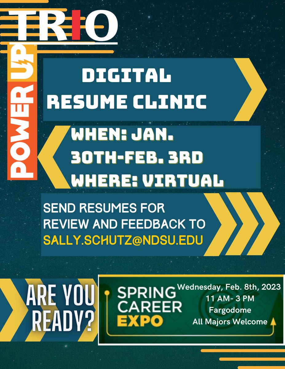 ndsutriosss's tweet photo. Don't forget to send your resumes to us for feedback! Email them to sally.schutz@ndsu.edu 
#ndsutriosss #trioworks https://t.co/DNvdlU2r9i