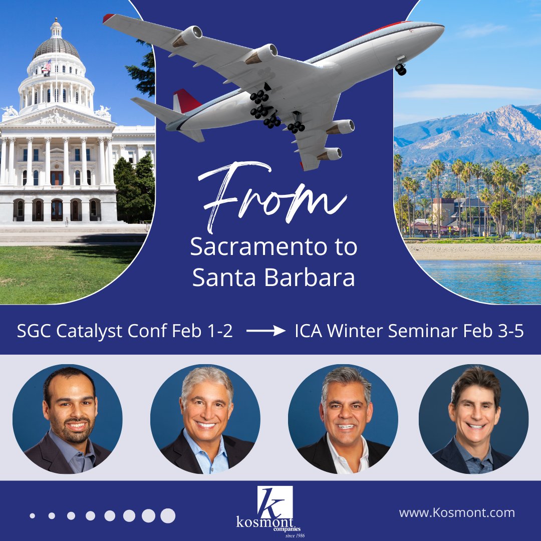 Meet up with the #Kosmont team at the SGC Catalyst Conf Feb 1-2 in Sacramento (<a href="/larrykos/">Larry Kosmont</a> &amp; Joe attending) or at the ICA Winter Seminar Feb 3-5 in Santa Barbara (see Larry, <a href="/KenKHira/">Ken K. Hira</a> &amp; Scott)... After these 2 events we will be in Carlsbad for the League of CA Cities CM Conf. Phew!