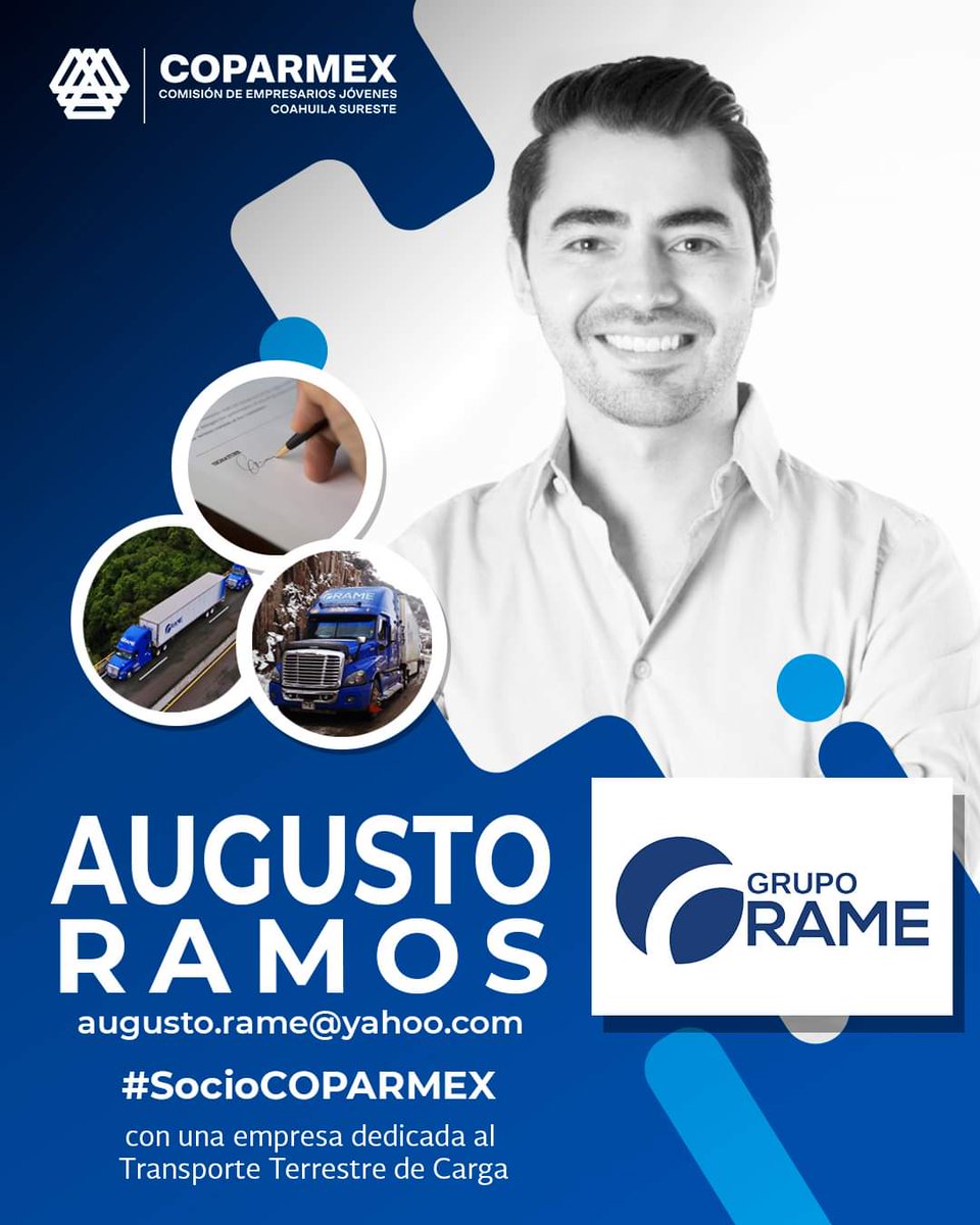 #JóvenesCoparmex ¡Te presentamos a nuestro #SocioCoparmex de la semana! 😎
Augusto Ramos de Grupo RAME #Saltillo 👏 🚛
Tú también puedes formar parte de esta comunidad. ✅¡Escríbenos!
 #Coparmex