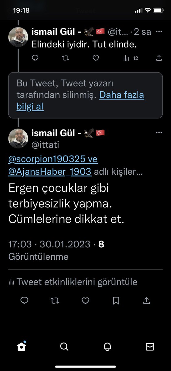 Son Ders: Dünyada 1 m2 yer işgal ediyon,
Sen sen ol Efendi Beşiktaşlı ol. 
Renktaş olduğun için sana değer veren insanla doğru konuşmayı beceremiyorsun, uyarıldığın zamanda özür dileyemiyor  engel atıyorsun ya, sen Beşiktaşlı olamadığın gibi insanda olamamışsın.

<a href="/scorpion190325/">HarryKaneFan FcBayern Delisi 🇩🇪</a>