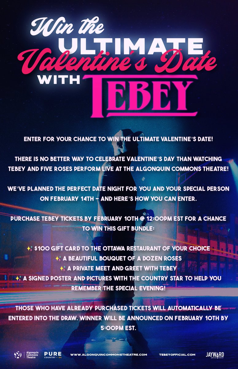🌹 ENTER FOR YOUR CHANCE TO WIN THE ULTIMATE VALENTINE’S DATE! 🌹

There is no better way to celebrate Valentine’s Day than watching <a href="/Tebey/">TEBEY</a> and #Fiveroses perform live at the Algonquin Commons Theatre! Details on how to enter below. ⬇️

<a href="/JaywardGroup/">JaywardArtistGroup</a> <a href="/PureCountry94/">Ottawa’s Pure Country 94</a> <a href="/AlgonquinSA/">Algonquin Students' Association</a>
