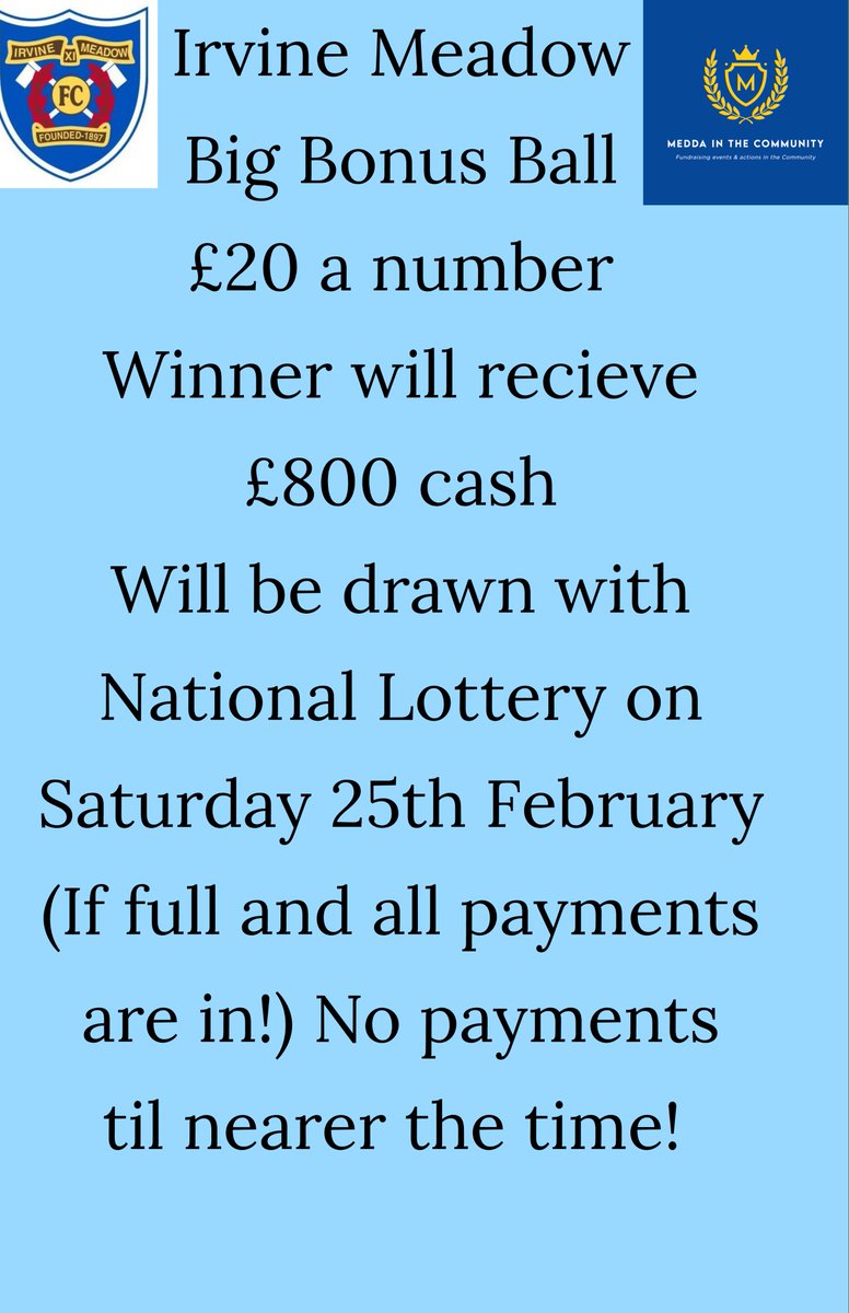Who would like to win £800? I will be running a bonus ball on behalf of Irvine Meadow £20 a number, who wld like a number? We are looking for it to be drawn on Saturday 25th Feb with the national lottery (if all numbers are bought and paid for) comment Ur number below 💙🤍⚽⚽