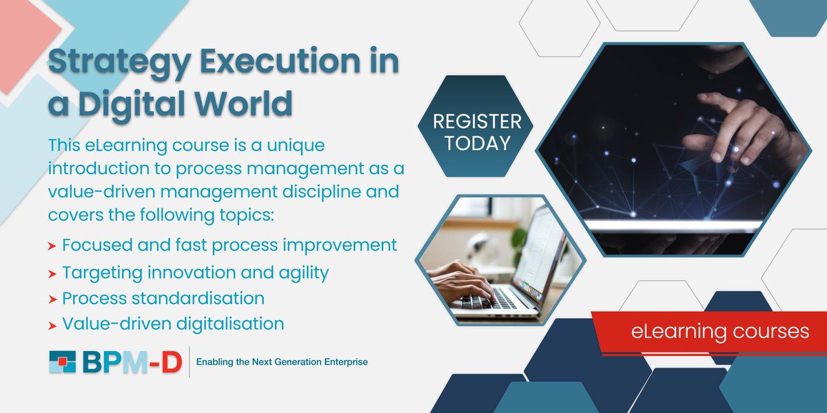 Register TODAY for our eLearning course "Strategy Execution in a Digital World - The Discipline of Business Process Management" and have access for up to 12 months online!

bpm-d-academy.learnworlds.com 

#eLearning #BPM_D