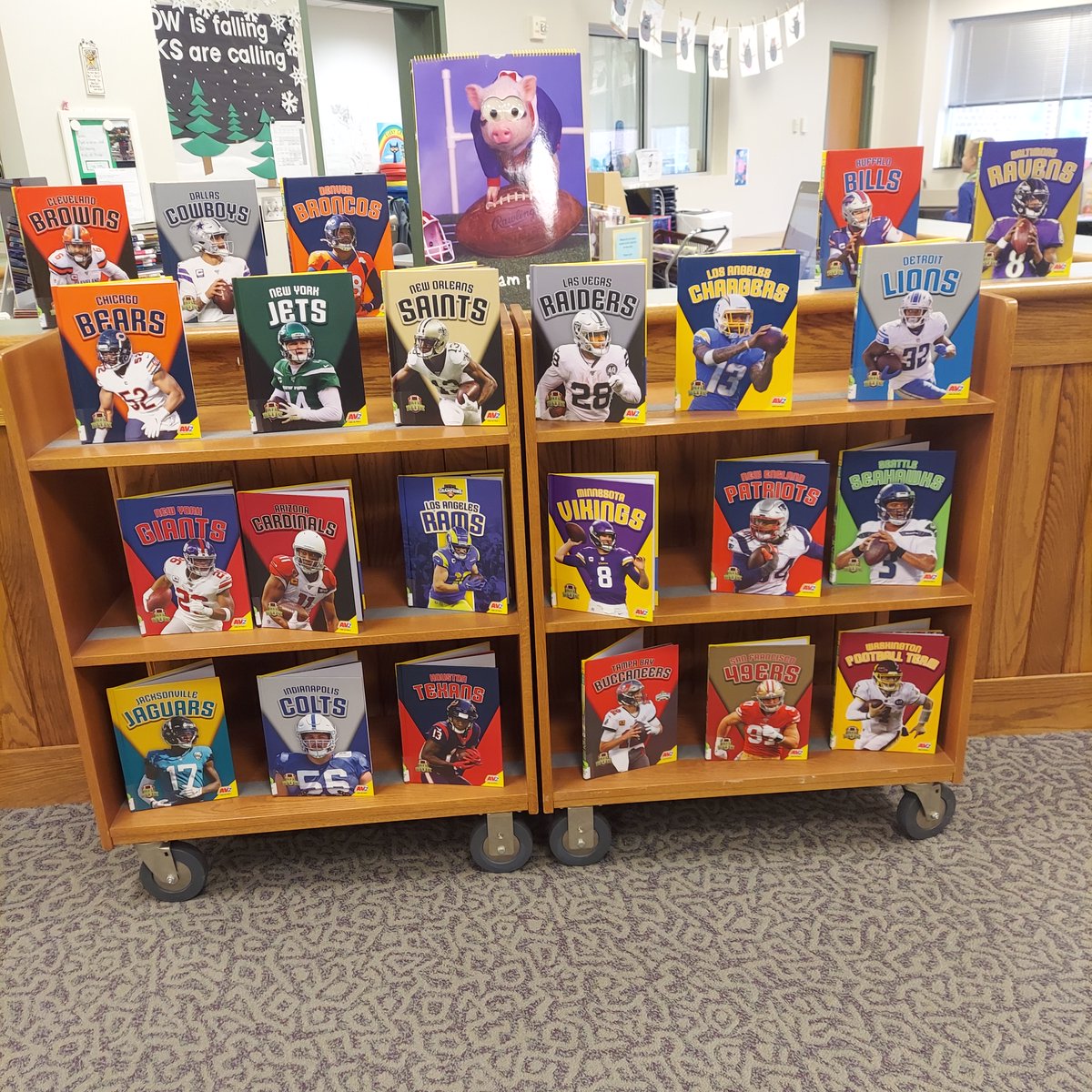 UES_Library's tweet photo. Brand new and just in time for the Super Bowl! Every NFL team; thank you UESPTO and parents for Scholastic dollars #uestars https://t.co/5bVhvjRVes