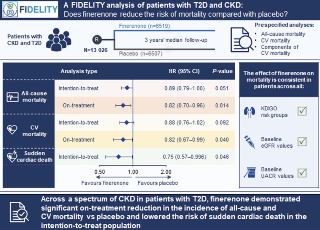 #Finerenone significantly ⬇️ the risk of all-cause and CV #mortality vs. placebo in patients with #T2D across a broad spectrum of #CKD stages 🫀 More at #ehjcvp academic.oup.com/ehjcvp/advance… #CardioTwitter #EHJPharmacotherapy #Cardiology #kidney @AgewallStefan @Filippatos @JJheart_doc