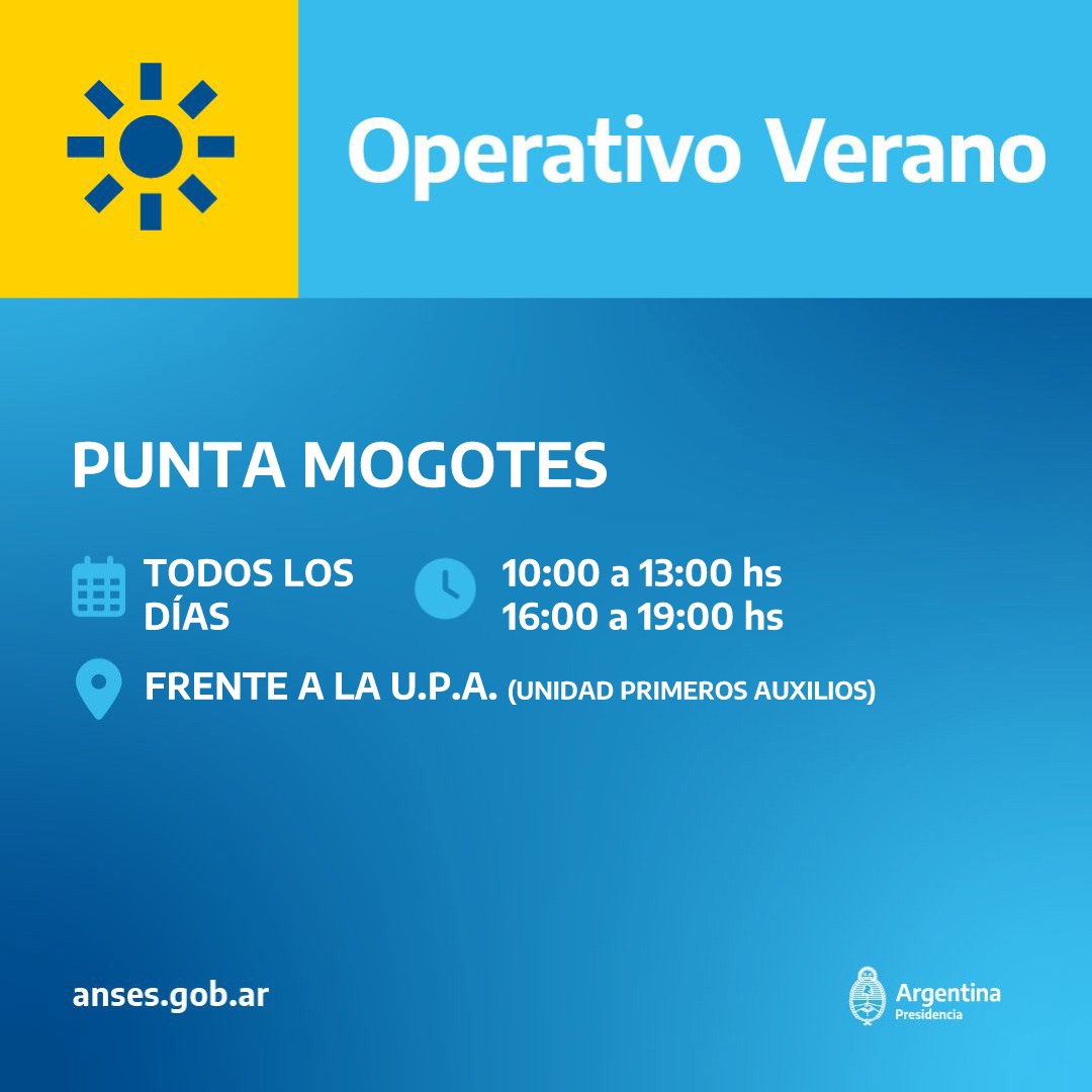 MarcosGutierrez's tweet photo. OPERATIVO VERANO ANSES
FEBRERO 2023

✅ Todos los días
👉🏽 Punta Mogotes, frente al UPA 

@ansesgob 
@FerRaverta https://t.co/WyrqRoWBds