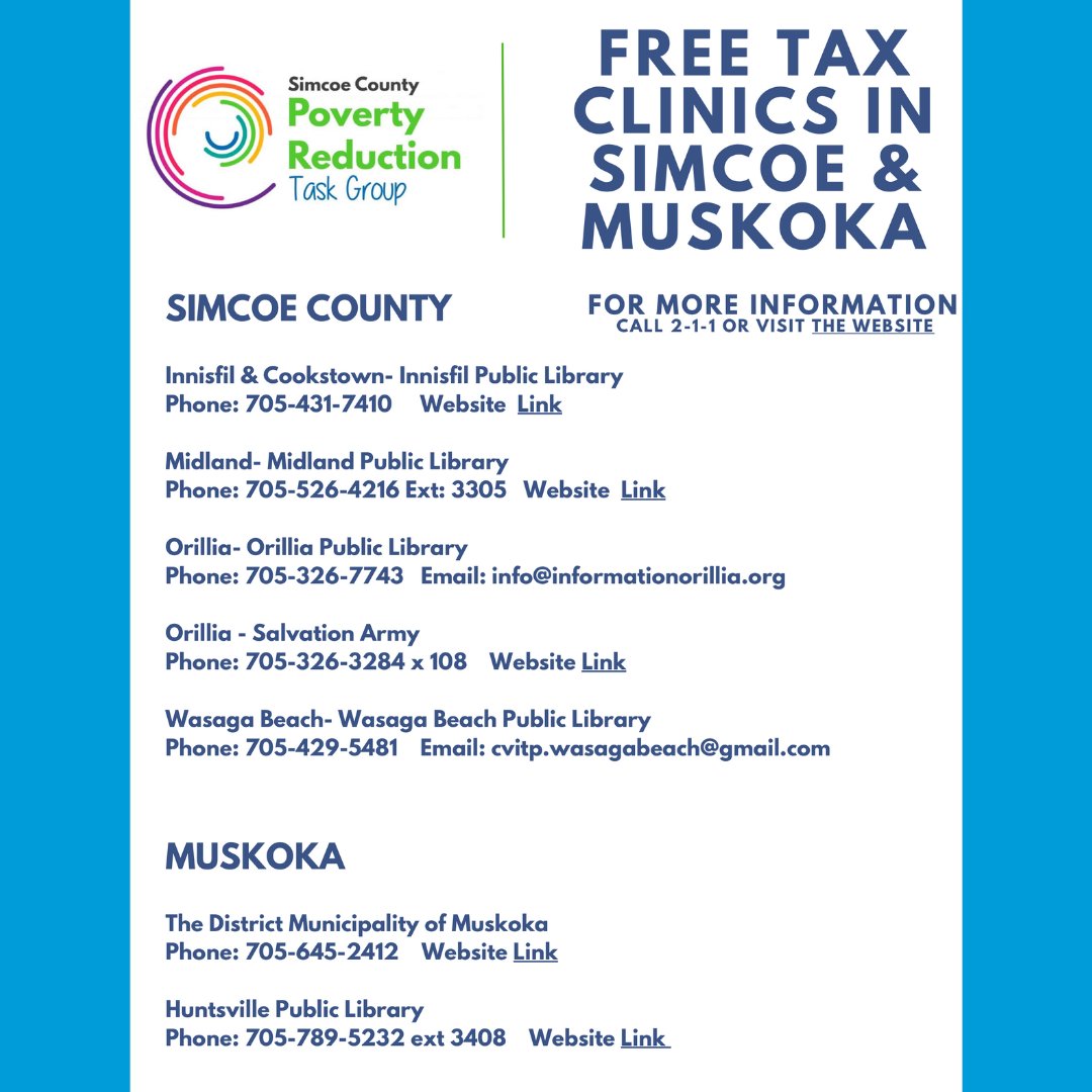 FREE TAX CLINICS are being offered in Simcoe/Muskoka! The Simcoe County Poverty Reduction Task Group is partnering with locations all over Simcoe/Muskoka where you can file your taxes free of charge. For more information, call 2-1-1 or visit 
buff.ly/3Hmf1Xy 
#community