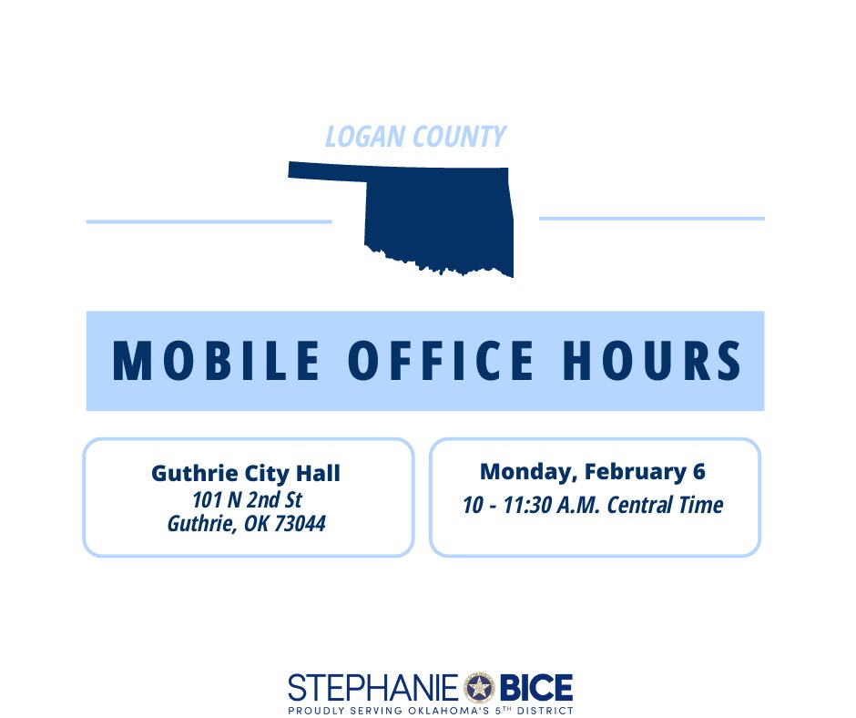 Our constituent services team is ready to assist #OK05 citizens! If you need help with federal agencies, as well as service academy nominations and flag requests, come to our mobile office hours on February 6. For additional questions, please contact (405)-300-6890.