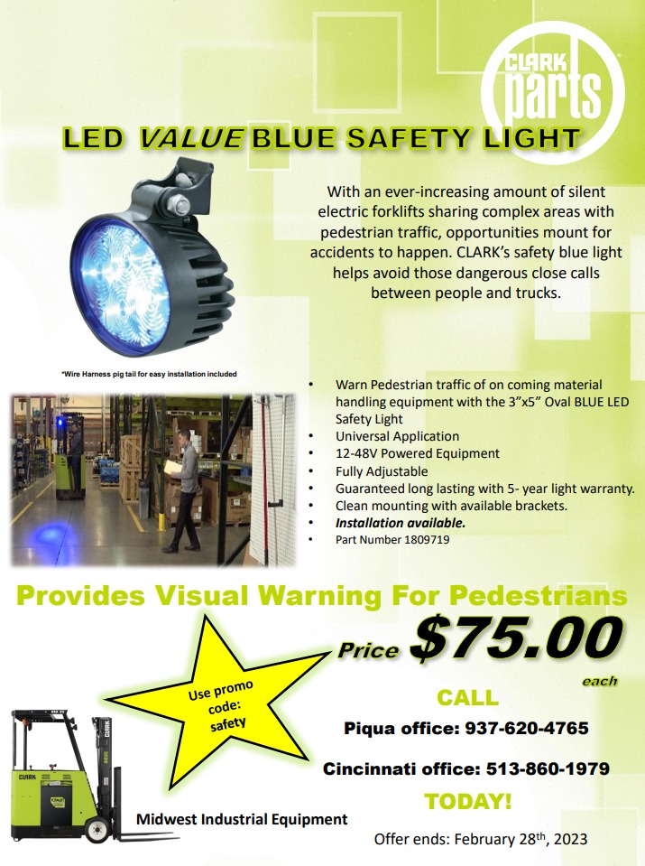 Midwestindeq's tweet photo. Upgrade your forklift fleet with the latest in safety technology! Get ready to save big on our Blue Safety LED Light promotion. Contact us today to place your order! #forksafety #ledlight #savebig #clarkmhcna https://t.co/odDZxUaLl1