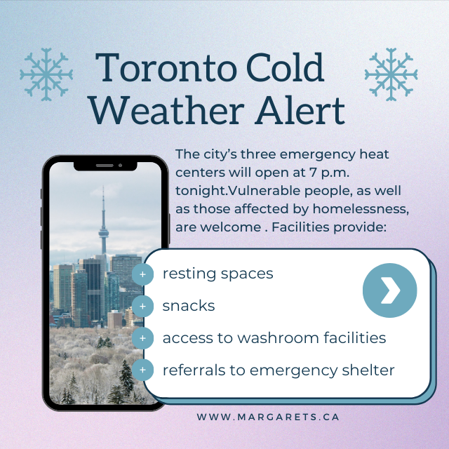 Margarets_TO's tweet photo. Toronto has issued an #extremecoldweatheralert today, January 30, 2023. Warming Centres will open at 7 p.m. tonight. Vulnerable people and those affected by homelessness are welcome. If you're in need of assistance, call 311 or 911 for emergencies. https://t.co/b9B3lufdto