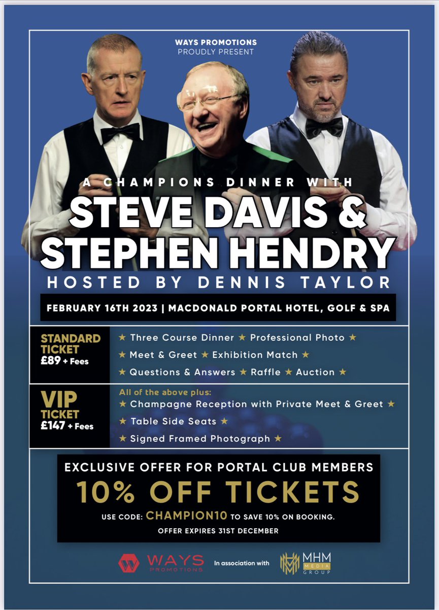 <a href="/CheshireLive/">Cheshire Live</a> <a href="/standardchester/">Chester Standard</a> <a href="/SnookerHeroes/">Snooker Heroes</a> <a href="/TarporleyNews/">Tarporley News</a> great evening coming to Tarporley, just got our tickets, should be a great night with these 3!!! <a href="/dennistaylor147/">Dennis Taylor</a> <a href="/WaysPromotions/">WAYS Promotions</a>