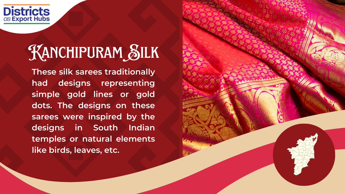 DEH_DGFT's tweet photo. Kanchipuram is a significant producer of silk in South India.
Kanchipuram Silk was also granted GI Tag (Geographical Indications) and the district is selected under DEH #DistrictsAsExportHubs to export Silk.
#TaleofTextiles #India https://t.co/XH3YxfUv0w
