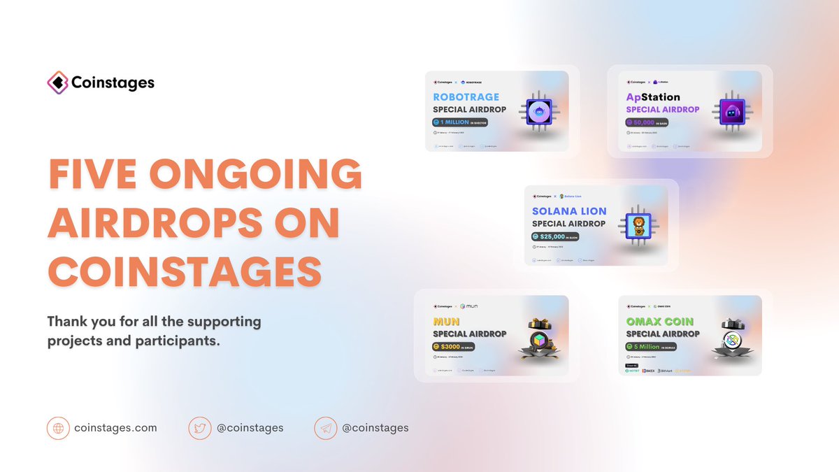 🔥FIVE ongoing Airdrops on <a href="/Coinstages/">Coinstages</a>

1️⃣Coinstages x @Robotrage_ | 1M $HECTOR
2️⃣Coinstages x @ApStationNFT 
50,000 $ASN
3️⃣Coinstages x @Solana_lion_ | $25,000 Worth of $LION
4️⃣Coinstages x <a href="/munblockchain/">MUN ⚛️ The Remittance Blockchain</a> | $3000 worth of $MUN
5️⃣Coinstages x <a href="/OmaxToken/">OMAX</a> | 5M $OMAX

Good Luck🫡